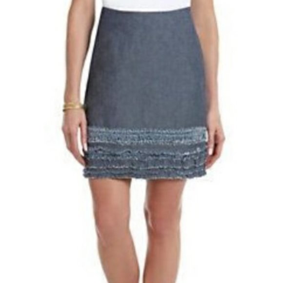 NWOT TOMMY BAHAMA Wisp Skirt, Blue Denim Chambray 100% Cotton Ruffled Hem, 6 - Picture 1 of 12